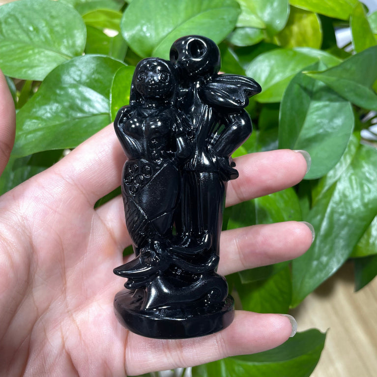 10CM Black Obsidian Jack and Sally Halloween Christmas Carvings