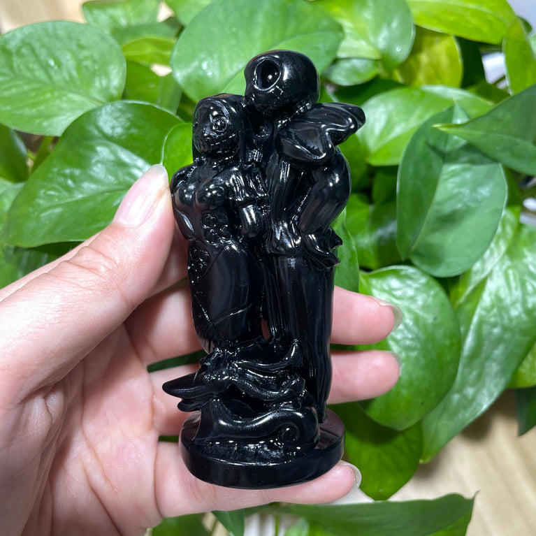 10CM Black Obsidian Jack and Sally Halloween Christmas Carvings