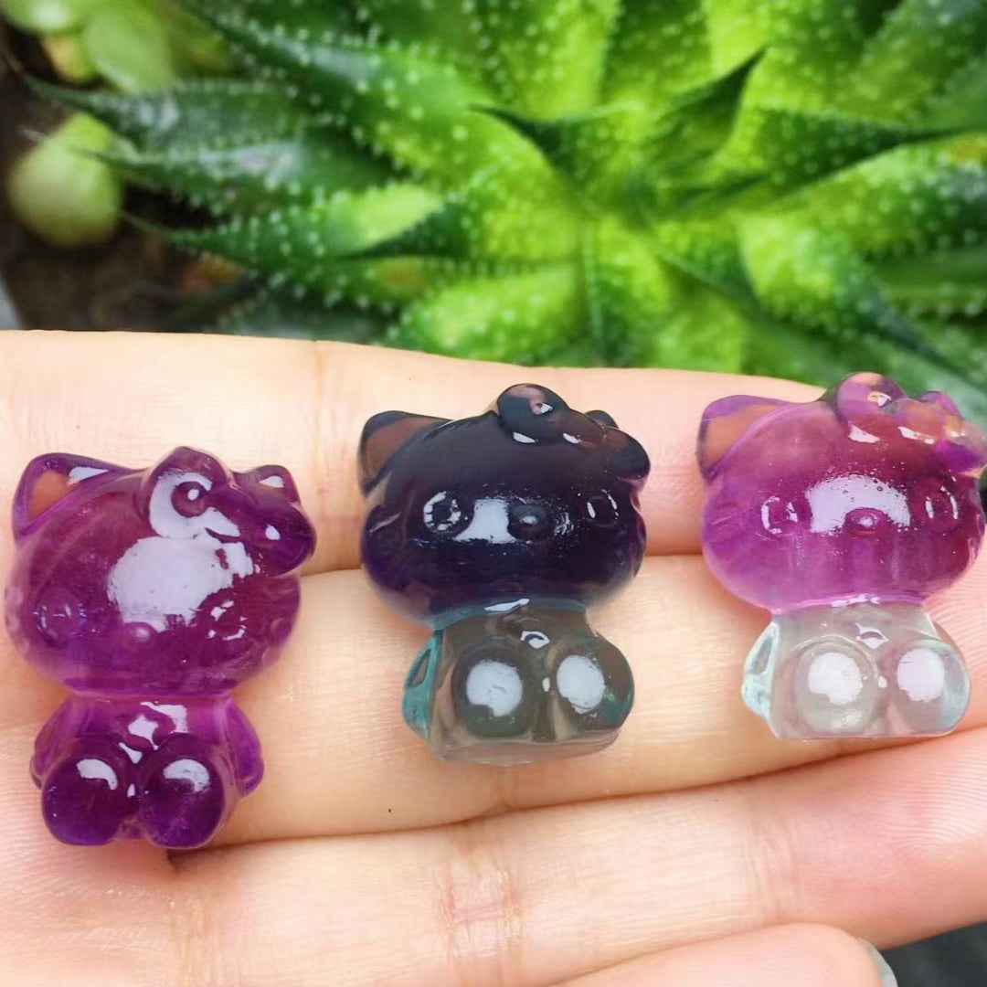 Mini Fluorite Hello Kitty Natural Crystal Carvings