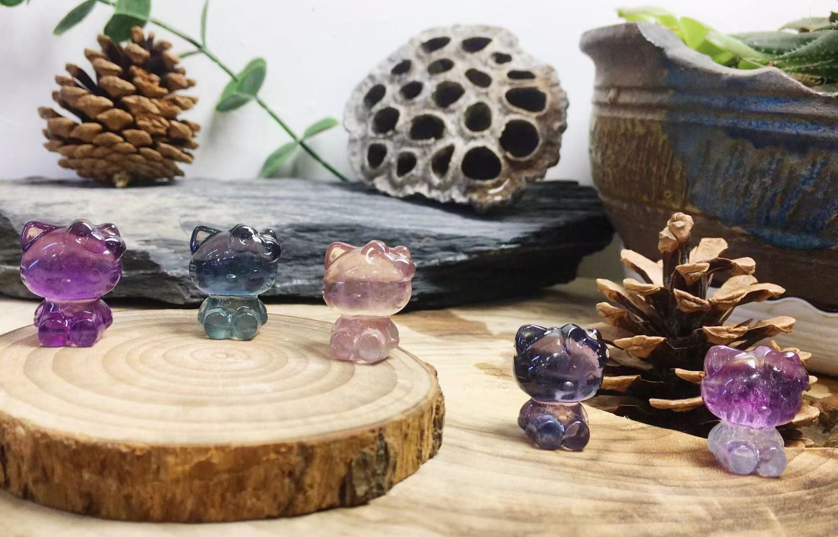 Mini Fluorite Hello Kitty Natural Crystal Carvings