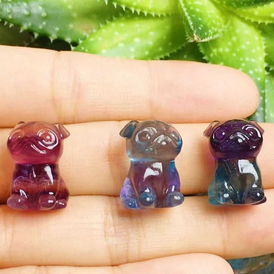 Mini Fluorite Pug Dog Natural Crystal Carvings