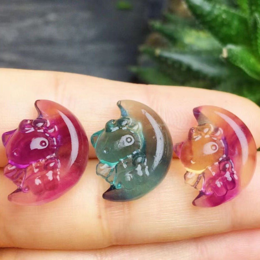 Mini Fluorite Hello Kitty on Moon Natural Crystal Carvings