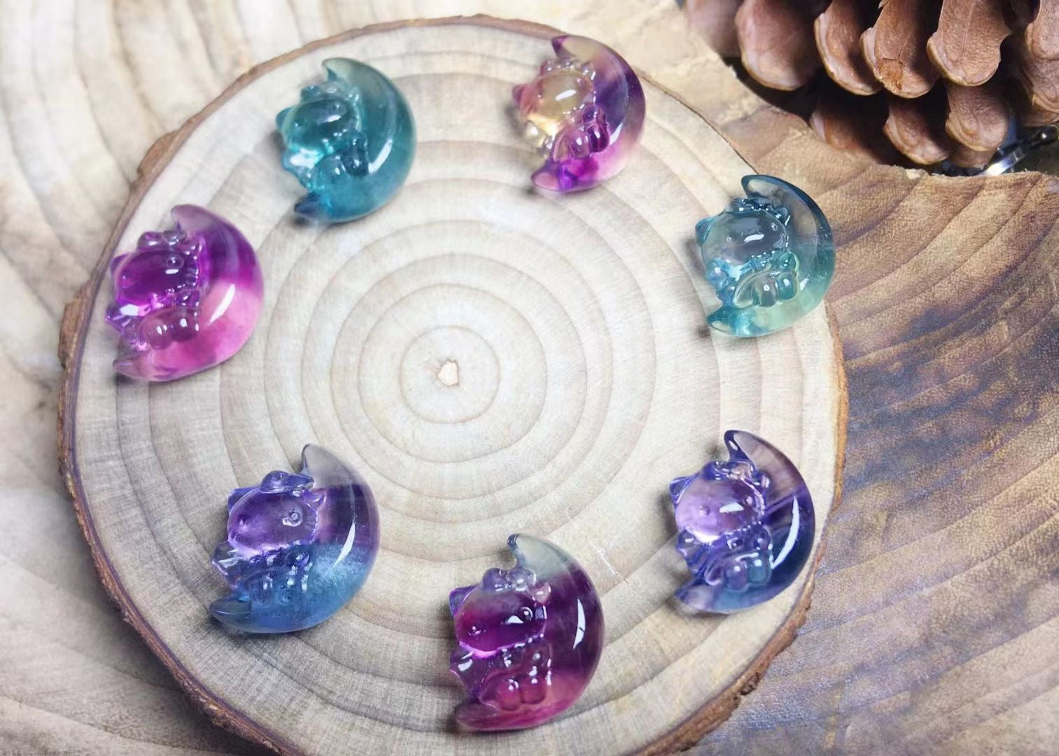 Mini Fluorite Hello Kitty on Moon Natural Crystal Carvings