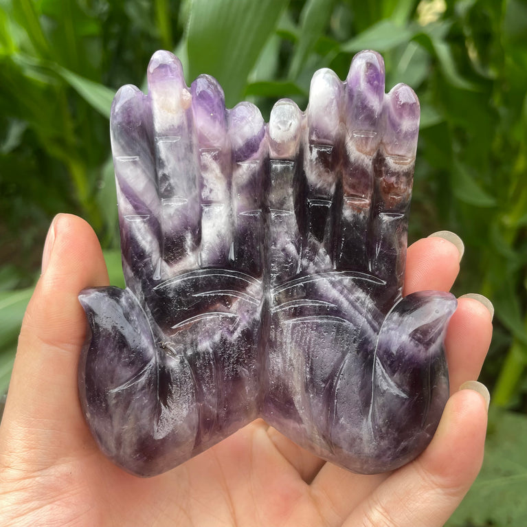 12CM Chevron Amethyst Labradorite Hands Palm Carvings