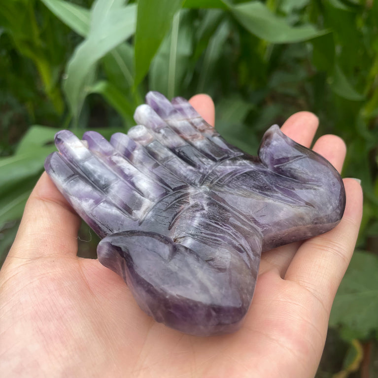 12CM Chevron Amethyst Labradorite Hands Palm Carvings