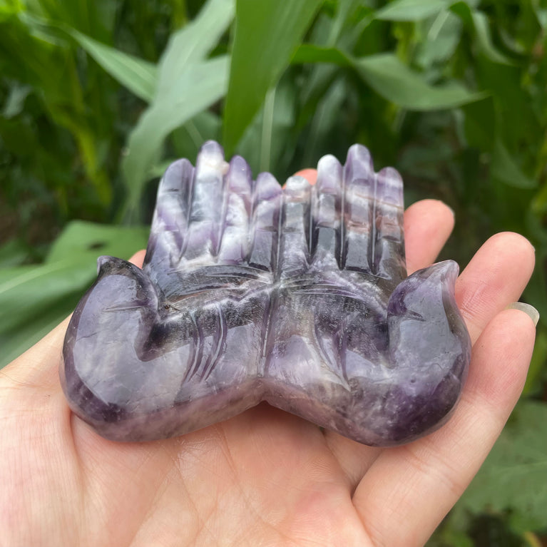 12CM Chevron Amethyst Labradorite Hands Palm Carvings