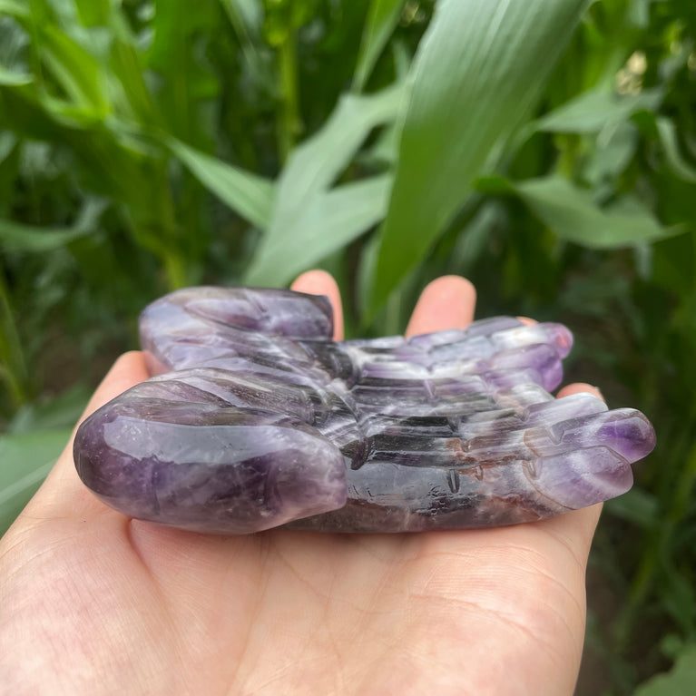 12CM Chevron Amethyst Labradorite Hands Palm Carvings