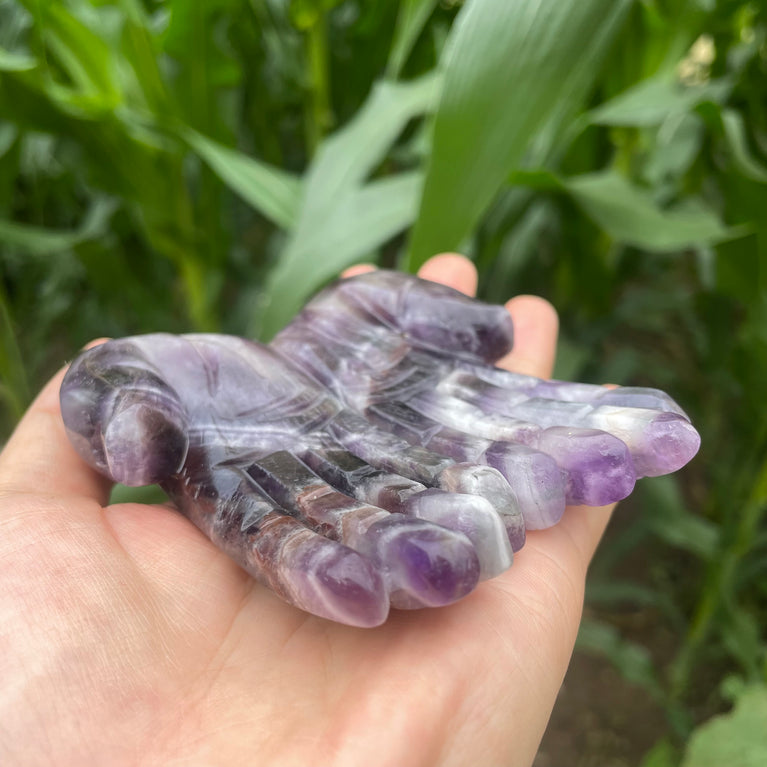 12CM Chevron Amethyst Labradorite Hands Palm Carvings