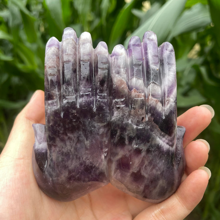 12CM Chevron Amethyst Labradorite Hands Palm Carvings