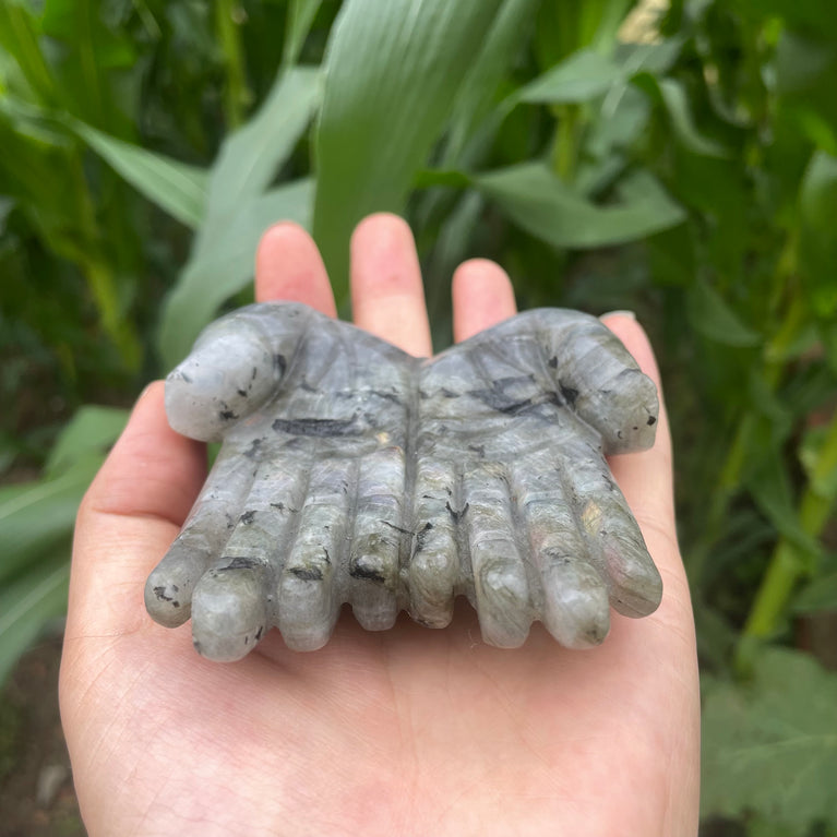 12CM Chevron Amethyst Labradorite Hands Palm Carvings