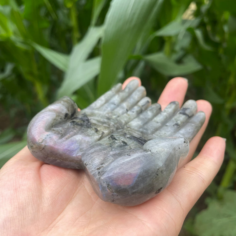 12CM Chevron Amethyst Labradorite Hands Palm Carvings