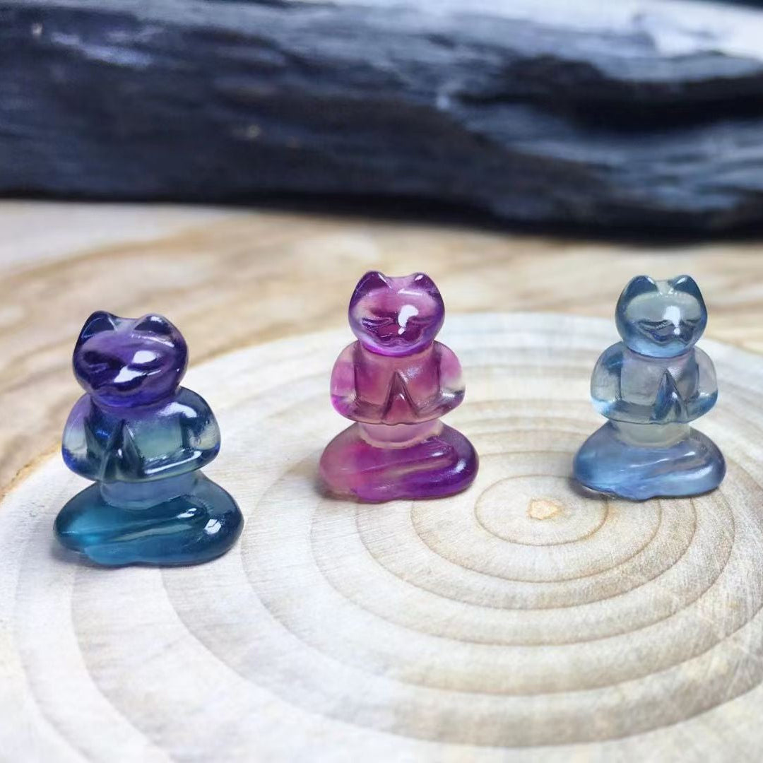 Mini Fluorite Praying Fox Natural Crystal Carvings Wholesale