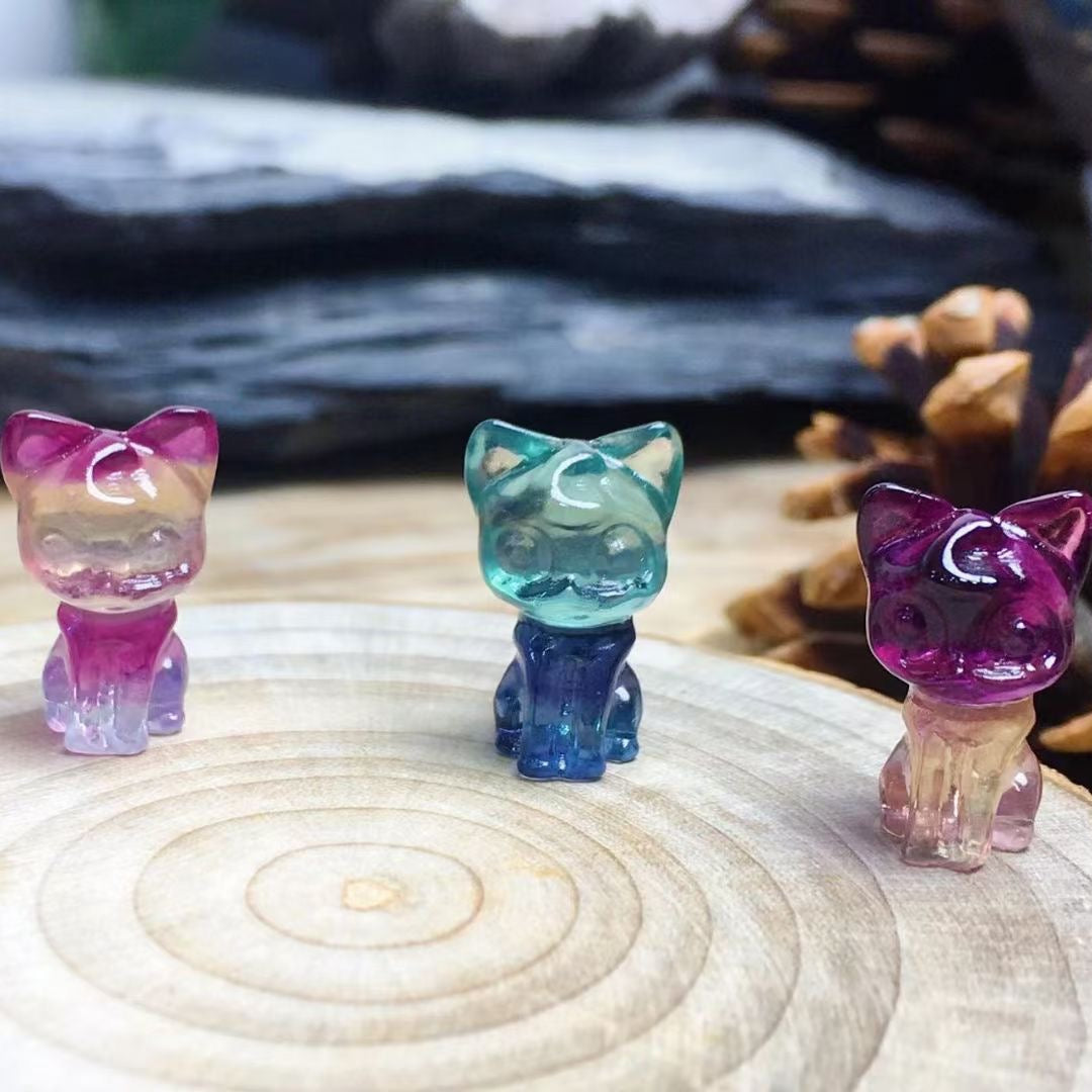 Mini Fluorite Luna Cat Natural Crystal Carvings Wholesale