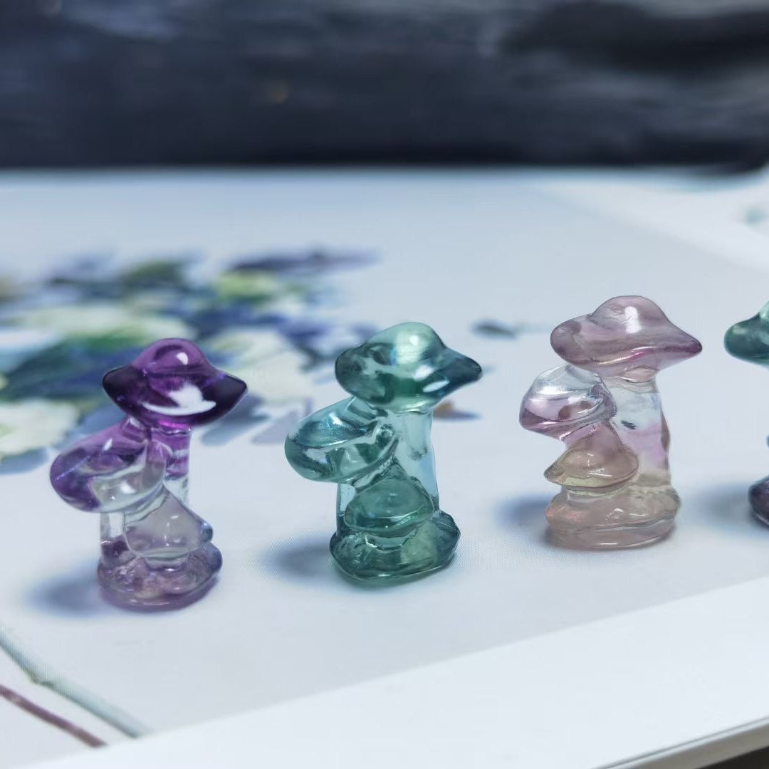 Mini Fluorite Triple Mushroom Natural Crystal Carvings Wholesale