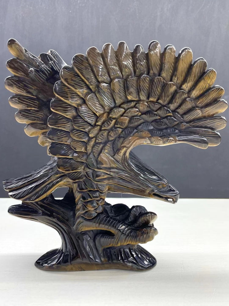 16CM Natural Tiger Eye Handcarved Eagle Carving Home Decoration Gift