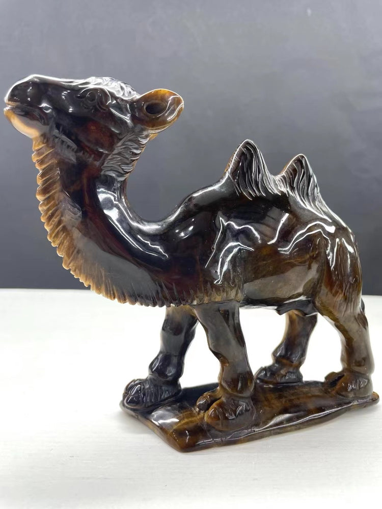 14CM Natural Tiger Eye Handcarved Camel Carving Home Decoration Gift