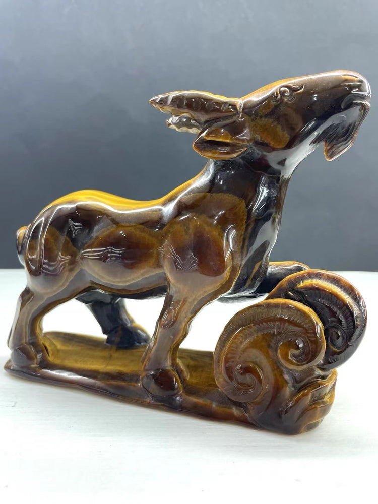 14CM Natural Tiger Eye Handcarved Goat Carving Home Decoration Gift