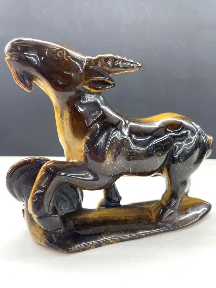 14CM Natural Tiger Eye Handcarved Goat Carving Home Decoration Gift