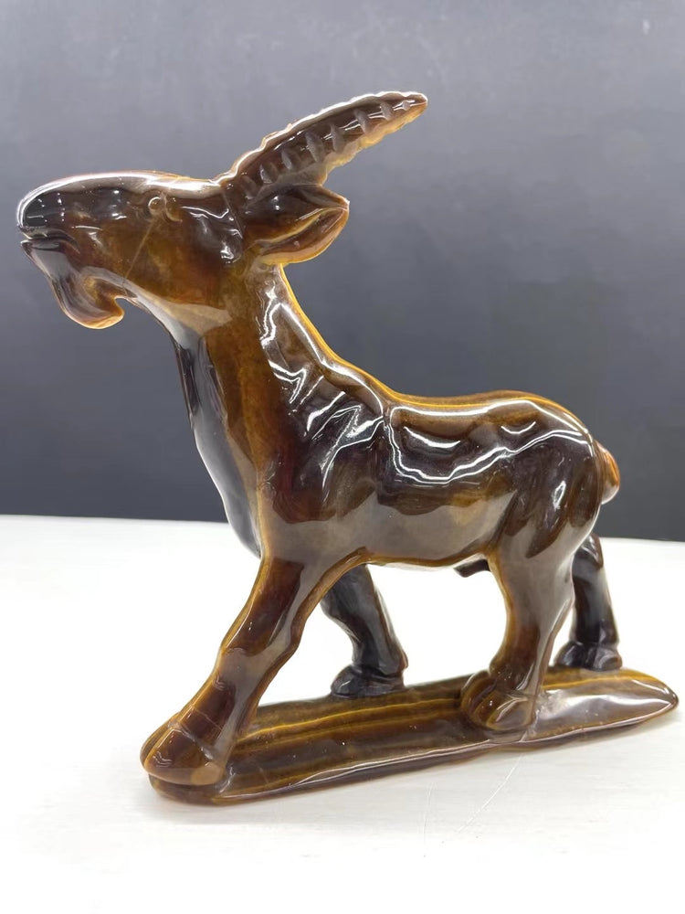 16CM Natural Tiger Eye Handcarved Goat Carving Home Decoration Gift