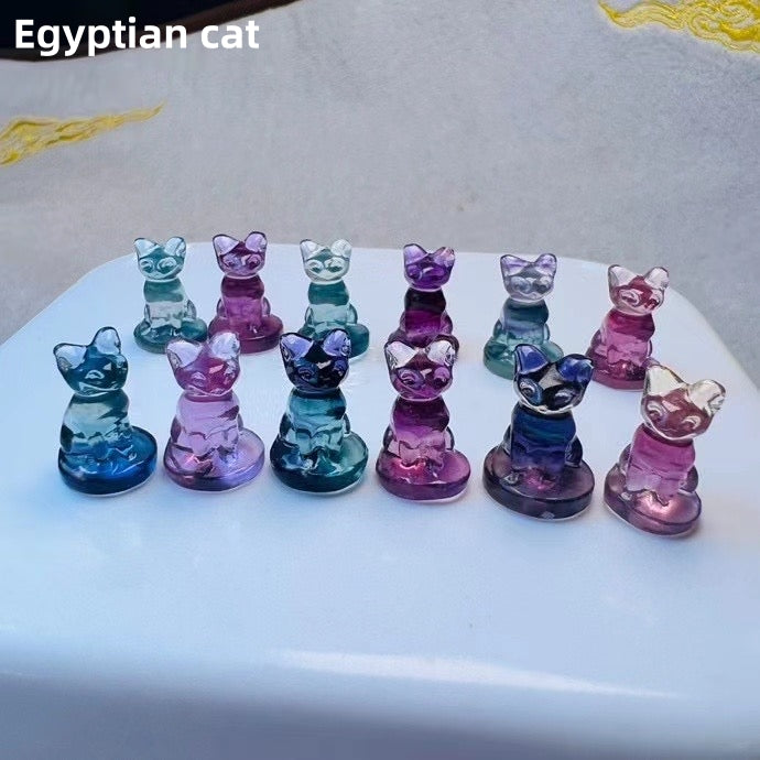 Mini Candy Fluorite Egyptian Cat Natural Crystal Carvings