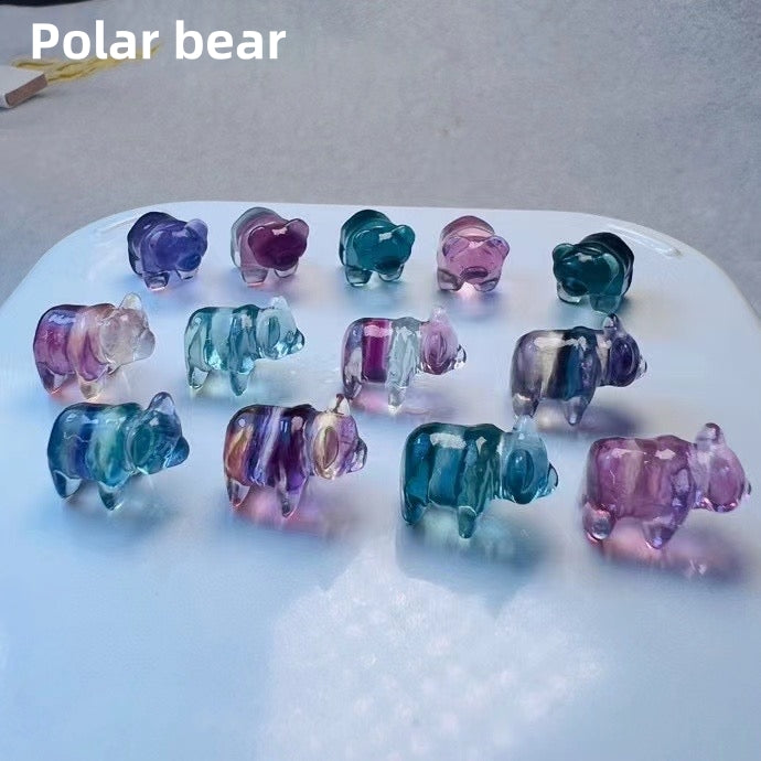 Mini Candy Fluorite Polar Bear Natural Crystal Carvings