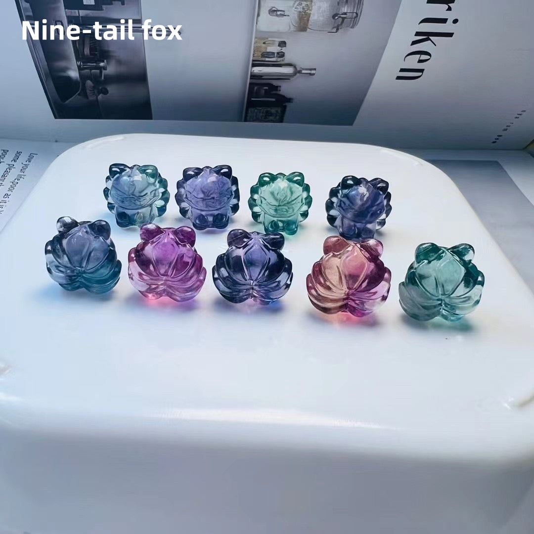 Mini Candy Fluorite Nine Tail Fox Natural Crystal Carvings