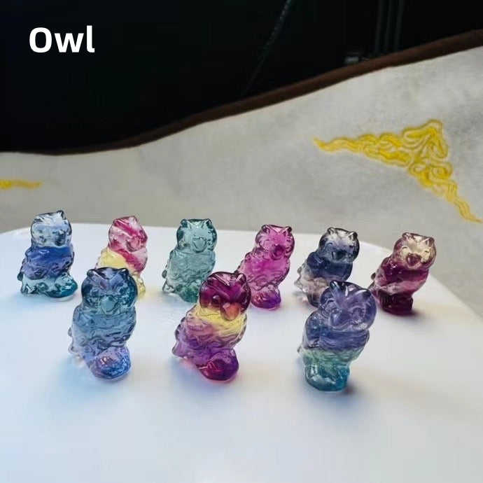 Mini Candy Fluorite Owl Natural Crystal Carvings