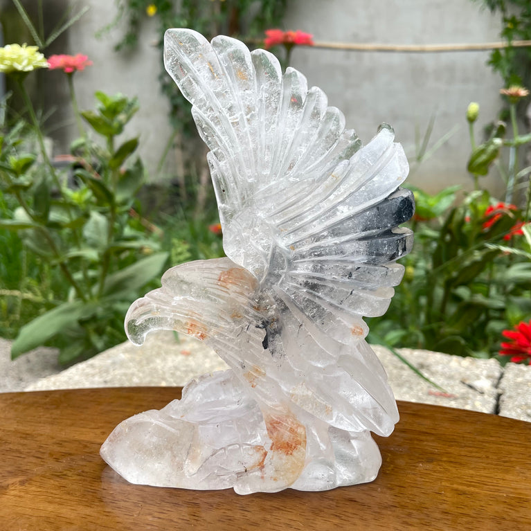 Natural Hand Carved Clear Quartz with Golden Healer Eagle Carving