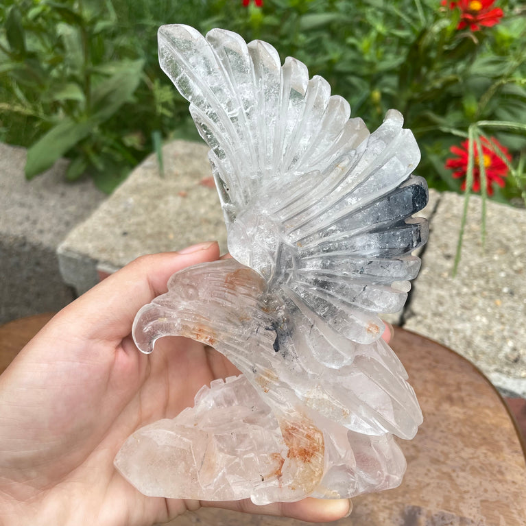 Natural Hand Carved Clear Quartz with Golden Healer Eagle Carving