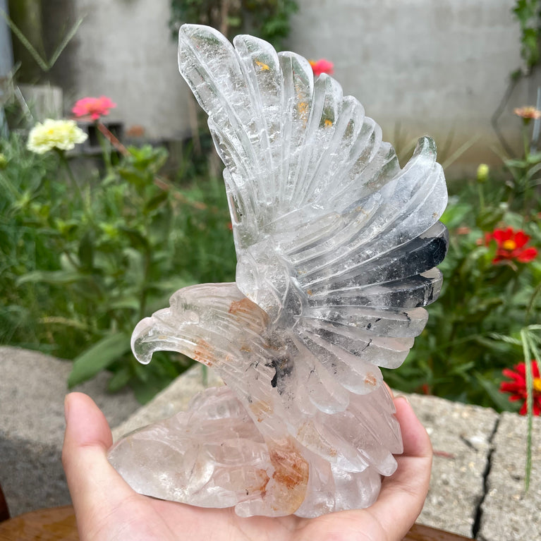 Natural Hand Carved Clear Quartz with Golden Healer Eagle Carving