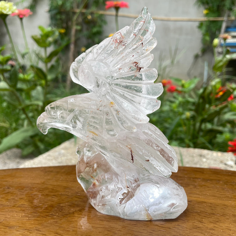 Natural Hand Carved Clear Quartz with Golden Healer Eagle Carving