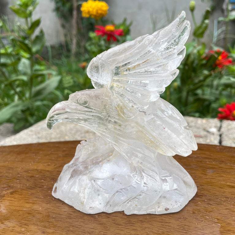 Natural Hand Carved Clear Quartz with Golden Healer Eagle Carving