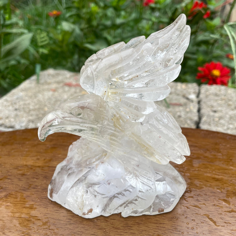 Natural Hand Carved Clear Quartz with Golden Healer Eagle Carving