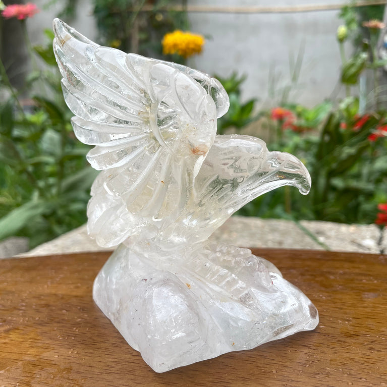 Natural Hand Carved Clear Quartz with Golden Healer Eagle Carving