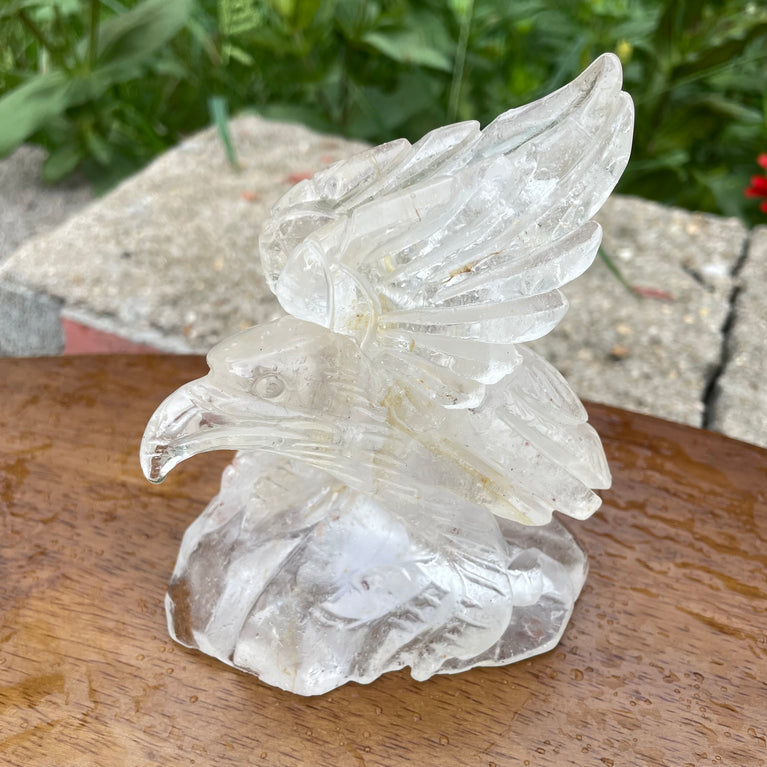 Natural Hand Carved Clear Quartz with Golden Healer Eagle Carving