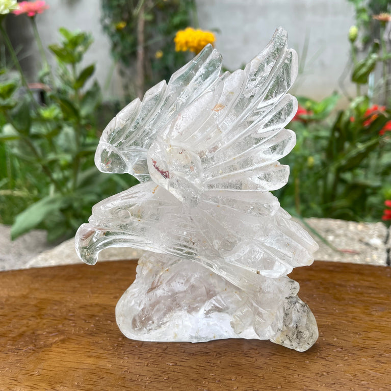 Natural Hand Carved Clear Quartz with Golden Healer Eagle Carving