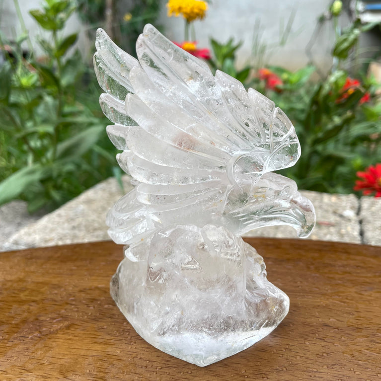 Natural Hand Carved Clear Quartz with Golden Healer Eagle Carving