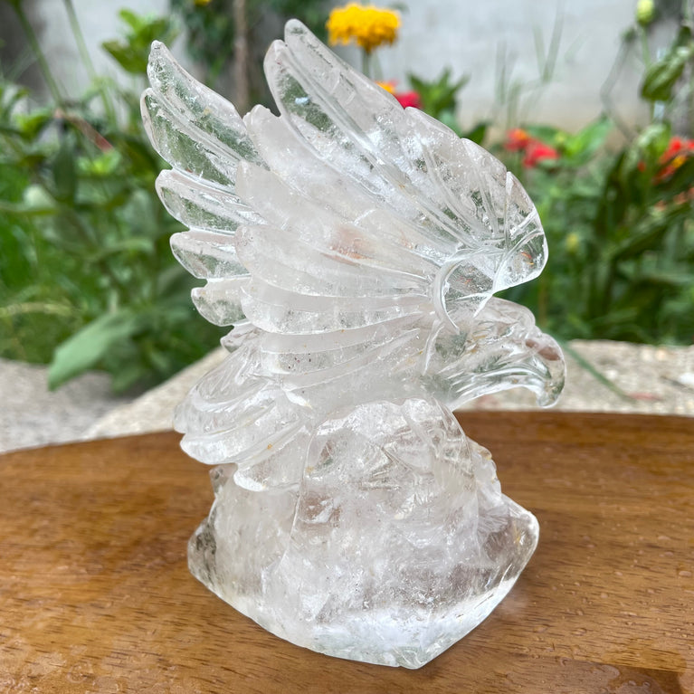 Natural Hand Carved Clear Quartz with Golden Healer Eagle Carving