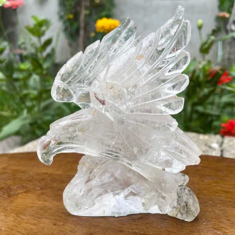 Natural Hand Carved Clear Quartz with Golden Healer Eagle Carving