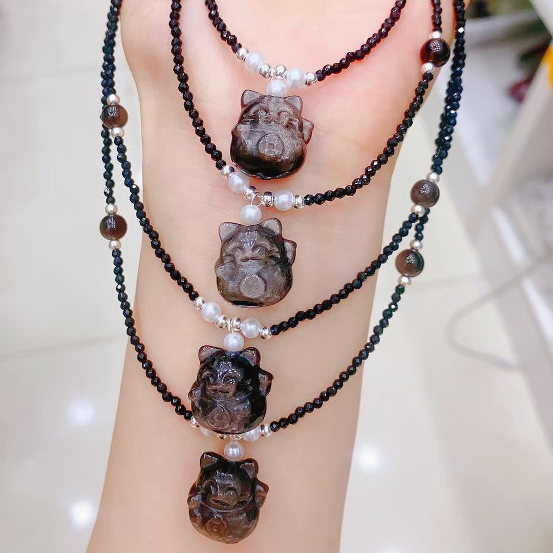 Natural Silver Sheen Obsidian Heart Moon Star Necklace