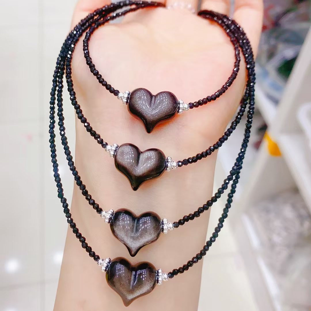 Natural Silver Sheen Obsidian Heart Moon Star Necklace