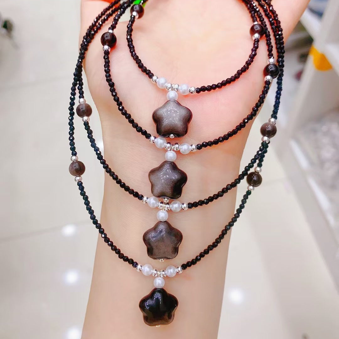 Natural Silver Sheen Obsidian Heart Moon Star Necklace