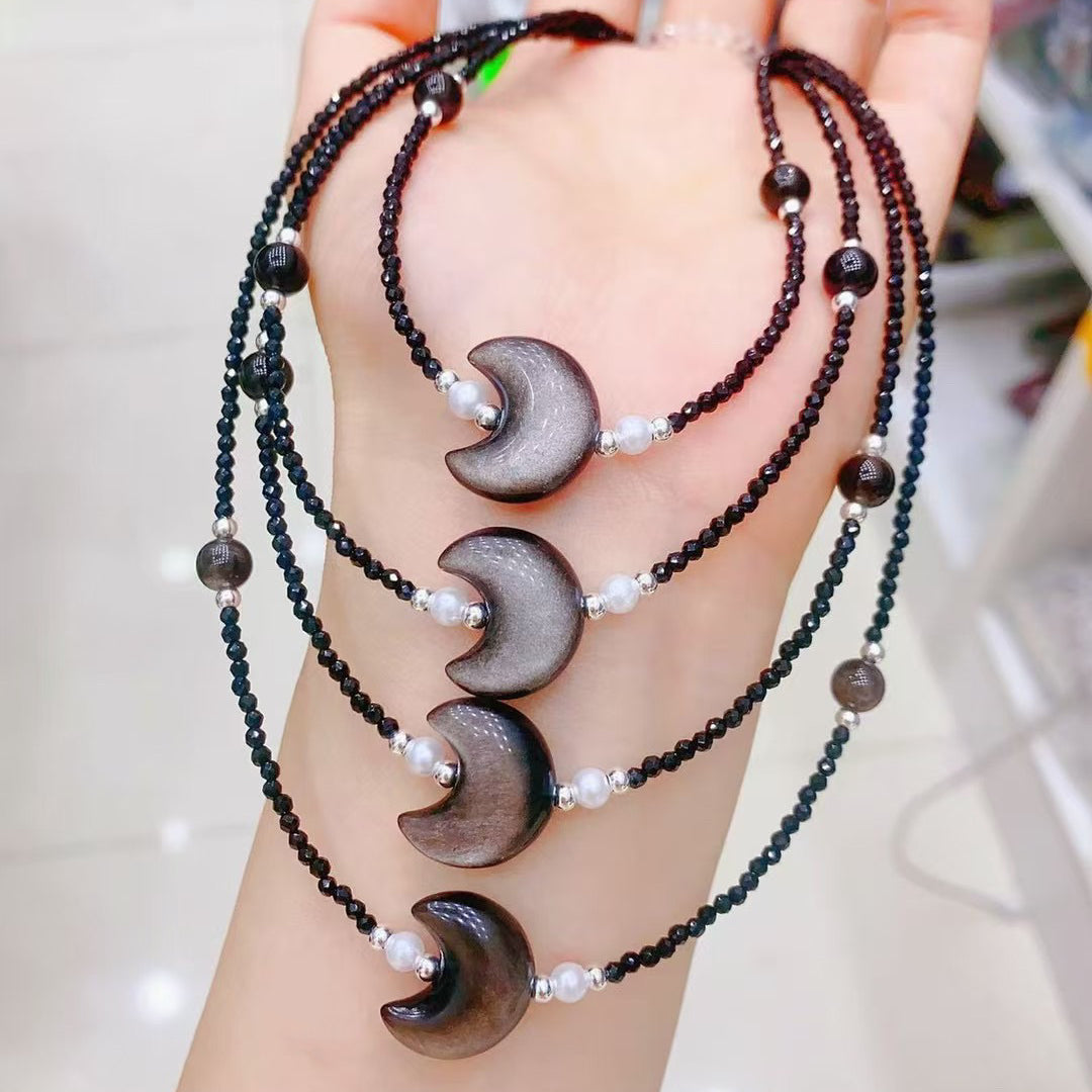 Natural Silver Sheen Obsidian Heart Moon Star Necklace