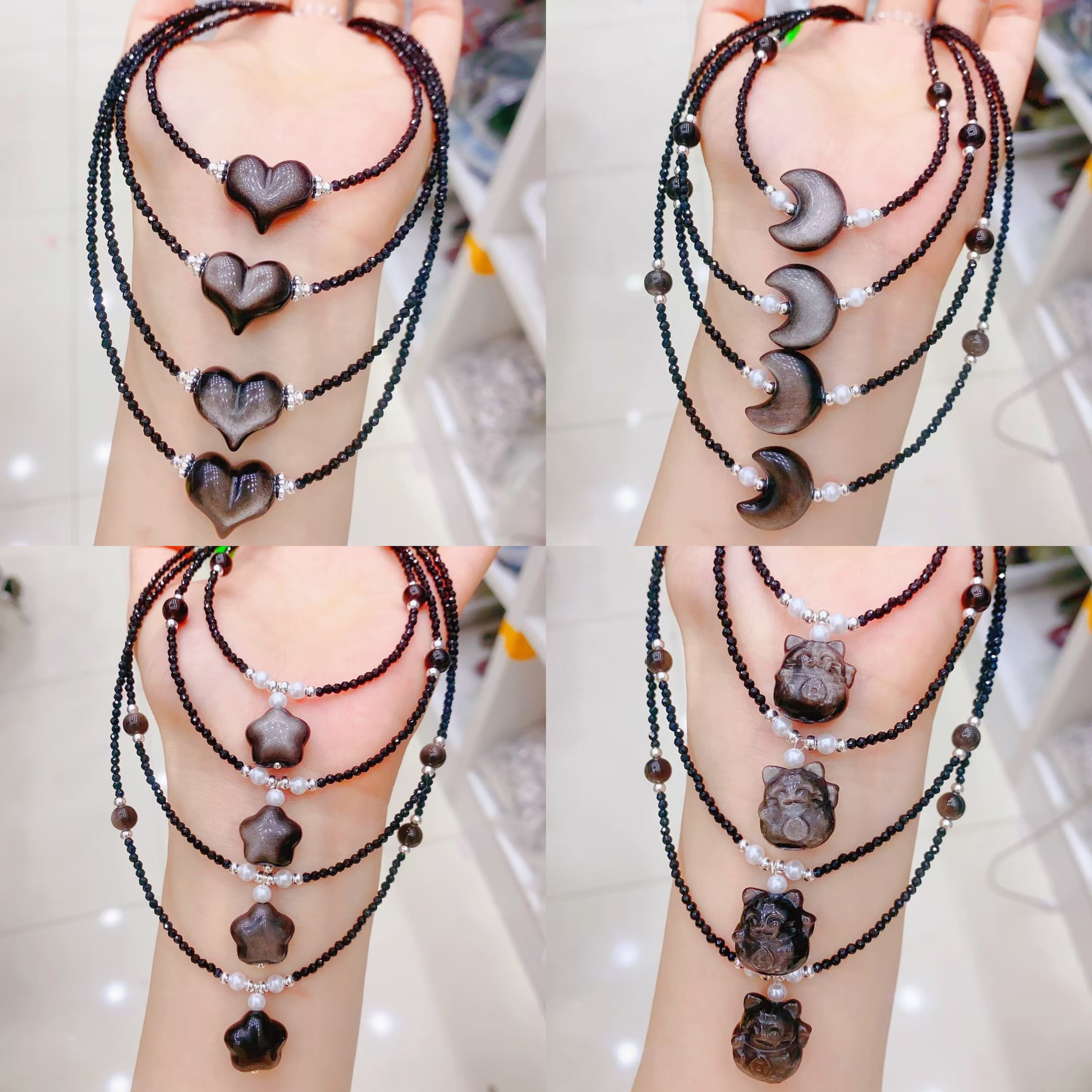 Natural Silver Sheen Obsidian Heart Moon Star Necklace