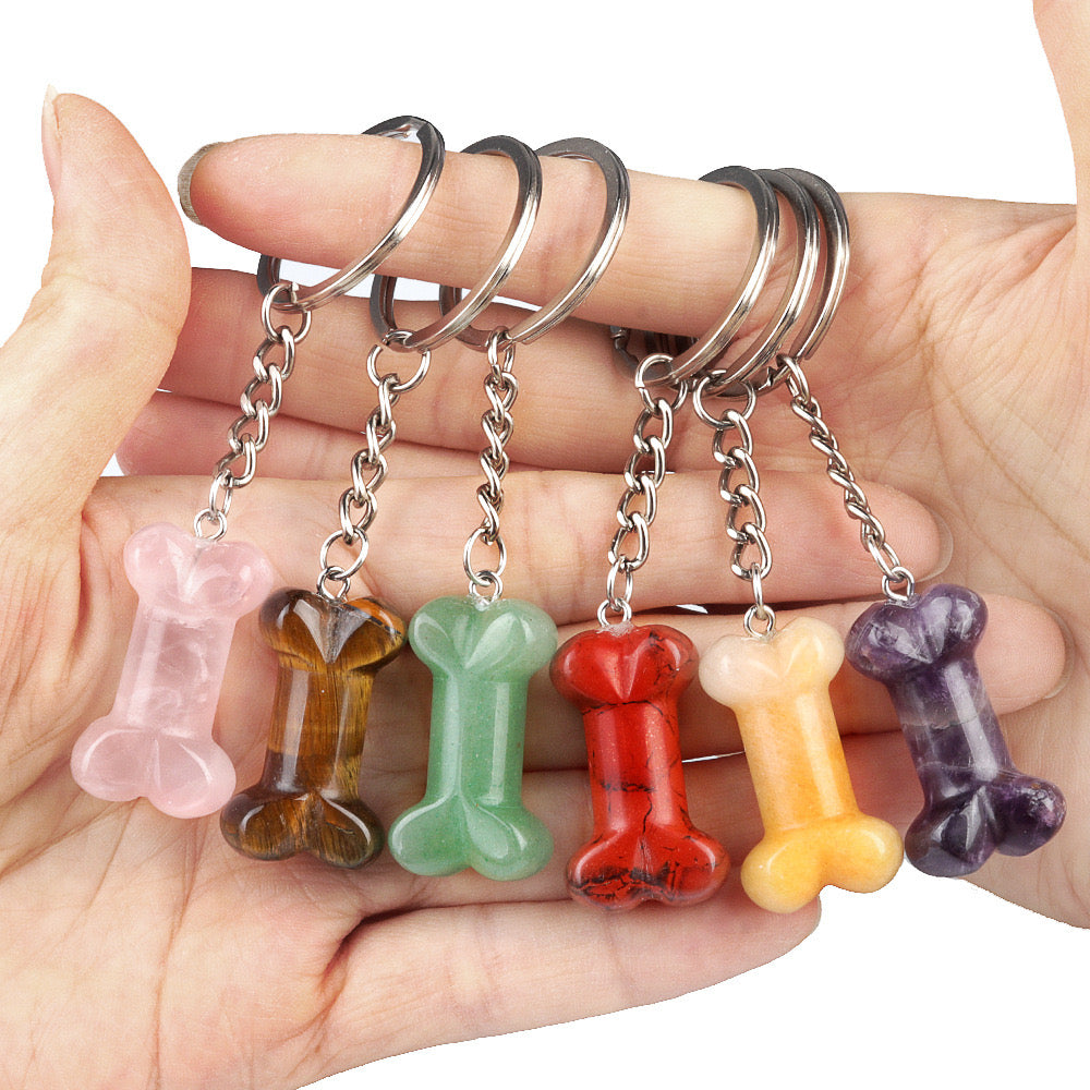 Natural Crystal Dog Bone Keyring Keychain