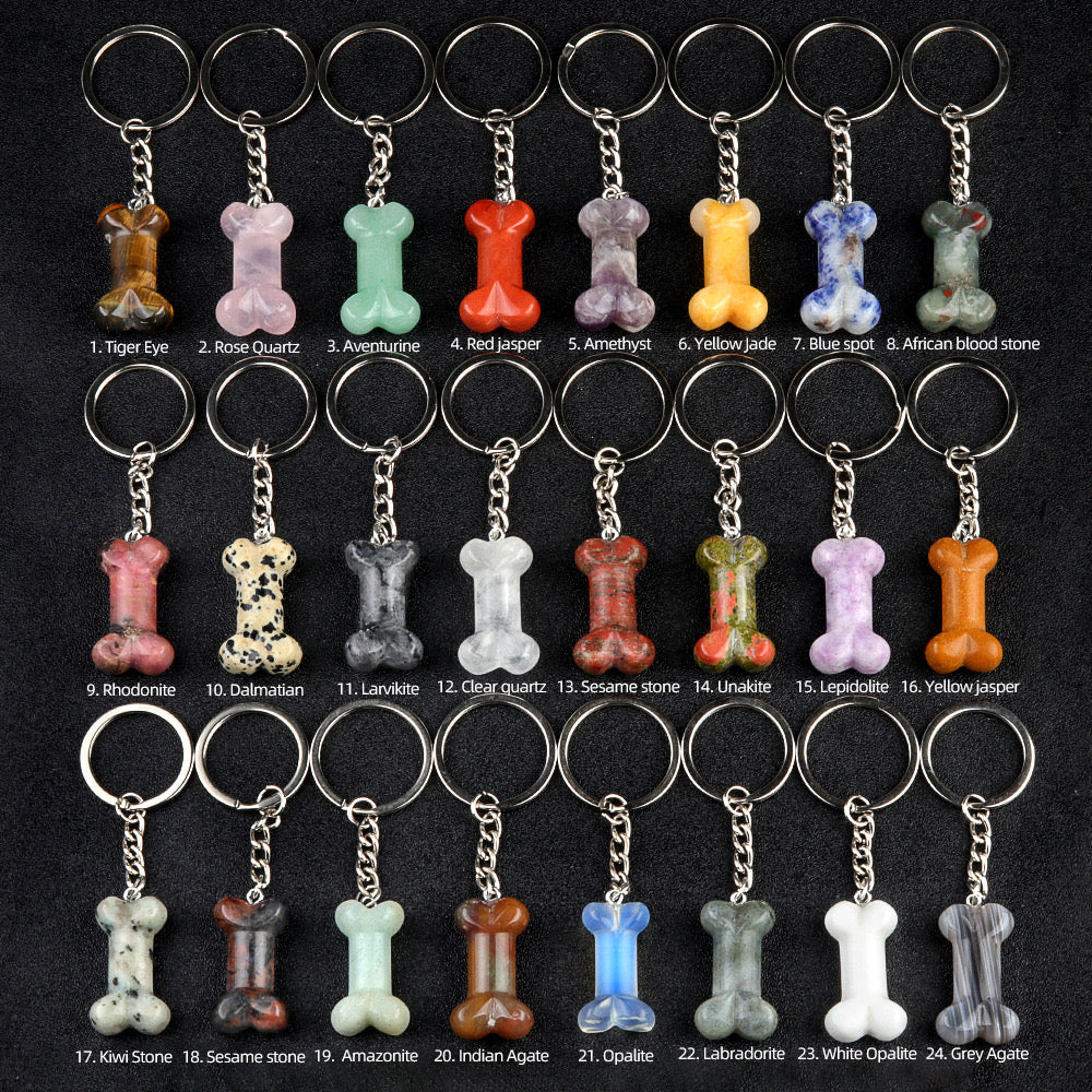 Natural Crystal Dog Bone Keyring Keychain