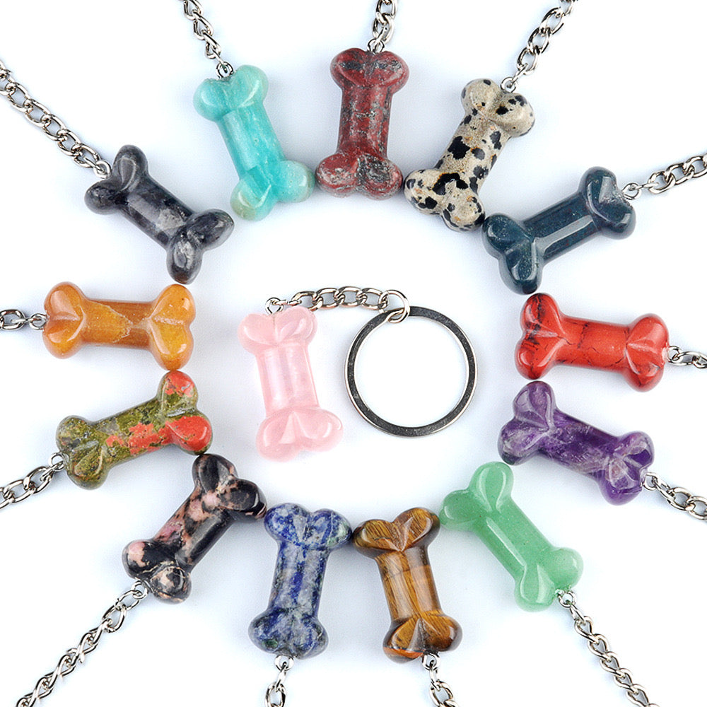 Natural Crystal Dog Bone Keyring Keychain