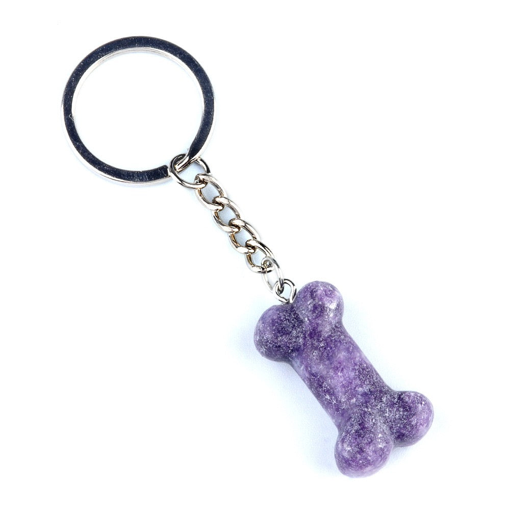 Natural Crystal Dog Bone Keyring Keychain