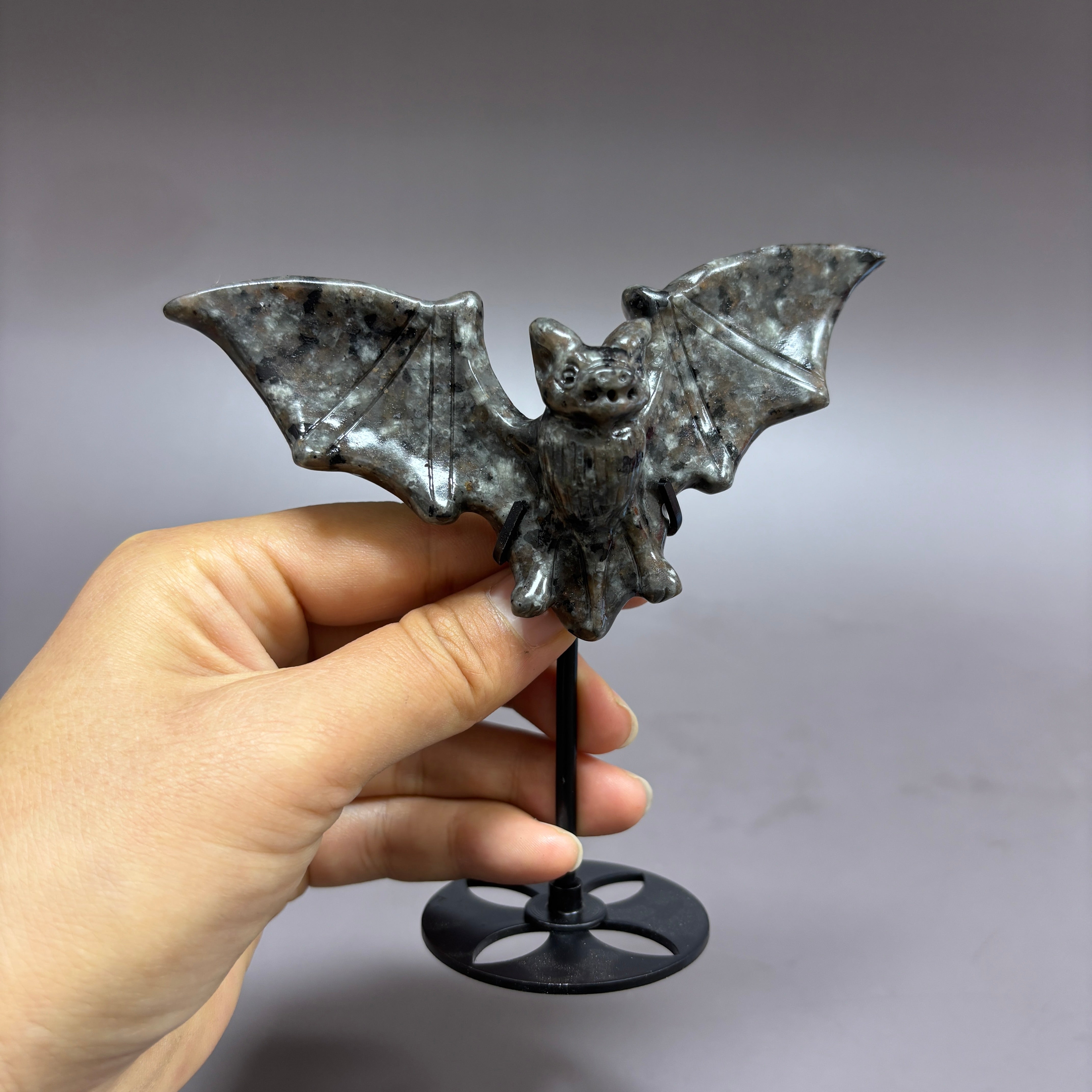 Natural Black Obsidian Bat on Stand Carving Table Decor Wholesale