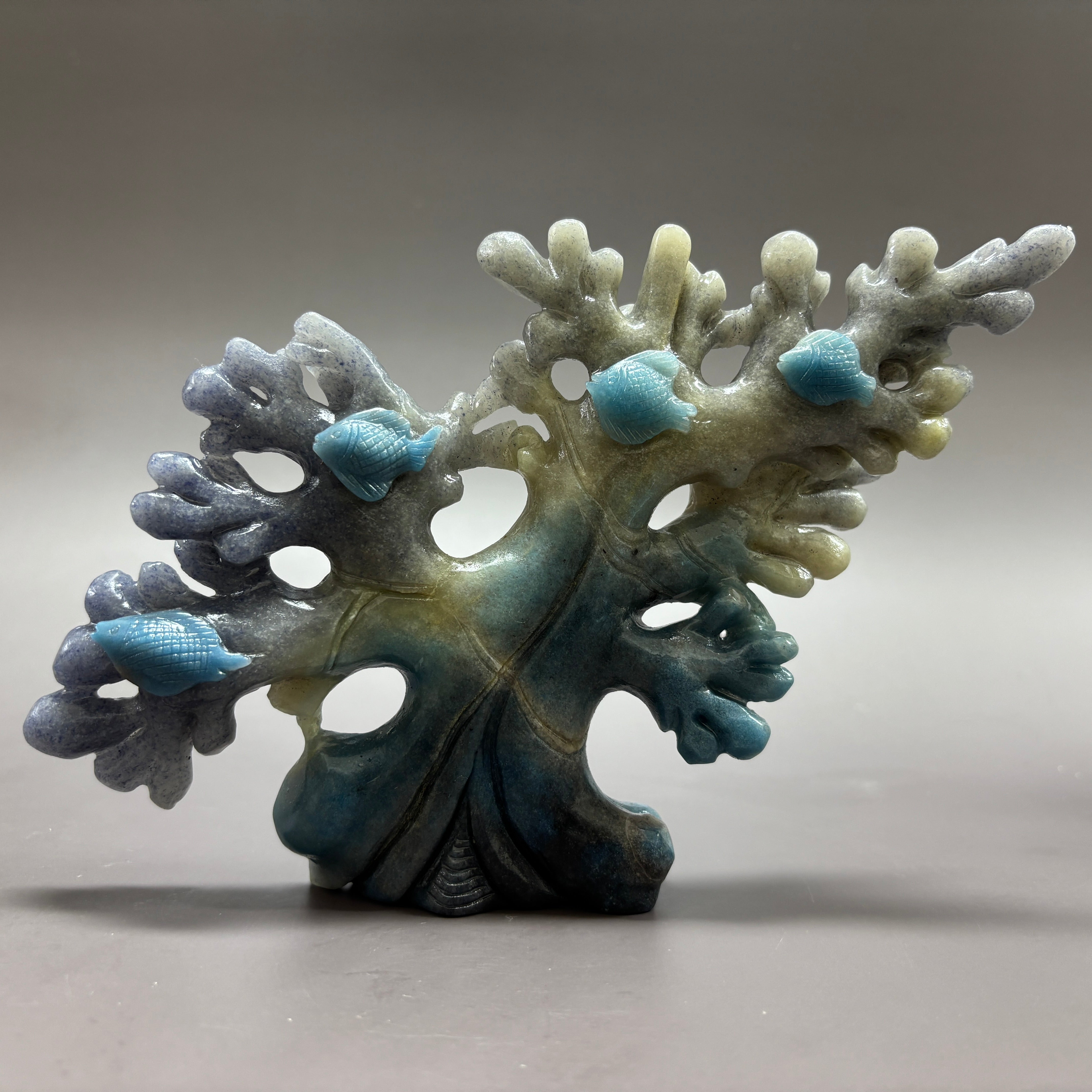 Coral Fish Ocean Scene Natural Trollite Crystal Carving Table Decor Gift Home Decor